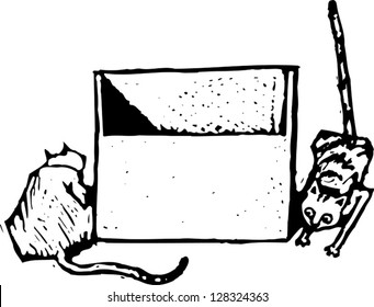 Black and white vector illustration of cats playing hide and seek