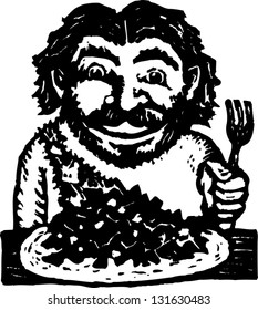 Black and white vector illustration of caveman eating greens