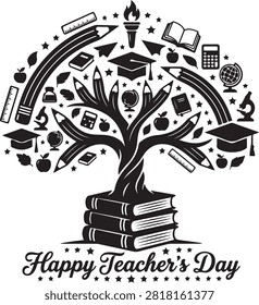 Black and white vector illustration celebrating Teachers Day with a tree made of books, graduation caps, and school supplies.