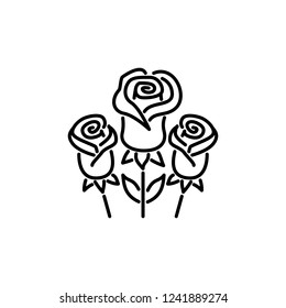 Black & white vector illustration of celebration rose flower. Line icon of ornamental floral plant. Gardening & landscaping. Isolated object on white background