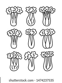 Black & white vector illustration of celery stalks with leaves. Line icon set of fresh organic celery sticks. Vegan & vegetarian food. Isolated objects