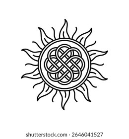 Black and white vector illustration of a Celtic knot sun symbol. Features interwoven lines in a circular pattern with stylized flame rays. Ideal for tattoos, spiritual icons, or decorative art.