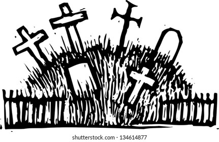 Black and white vector illustration of a Cemetery