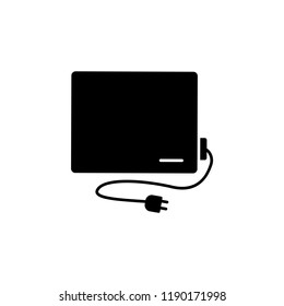 Black & white vector illustration of ceramic panel heater. Electric wall mounted heater with wave printed picture. Flat icon. Isolated object on white background.