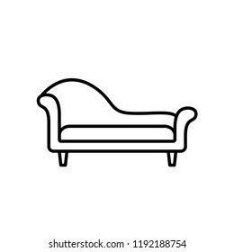 Black & white vector illustration of chaise lounge sofa. Line icon of settee. Modern home & office furniture. Isolated object on white background