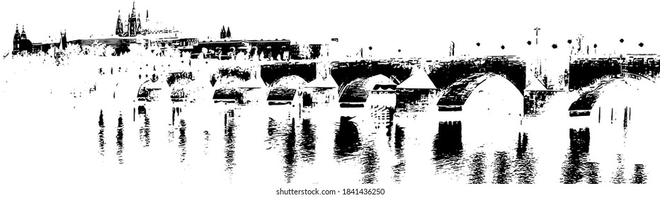 
black and white vector illustration of Charles Bridge and Prague Castle and St. Vitus Cathedral in the center of Prague