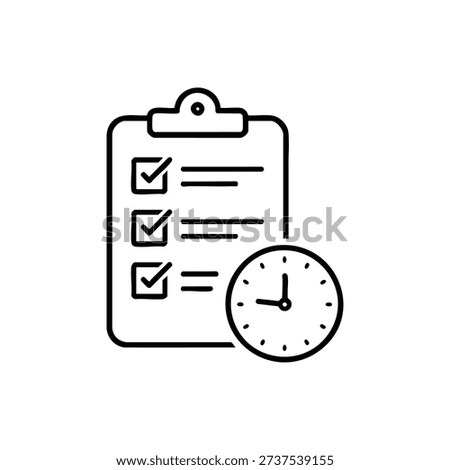 Black and white vector illustration of checklist clipboard with clock symbolizing time management and productivity