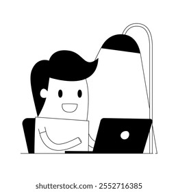 Black and white vector illustration of a cheerful boy working on a laptop, illuminated by a desk lamp. Simple line art design, suitable for themes like technology, remote work, education or minimalism