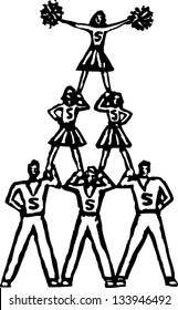 Black and white vector illustration of cheer-leading pyramid