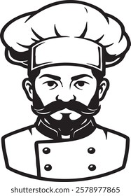 A black and white vector illustration of a chef with a traditional tall chef's hat, mustache, and a focused expression. 