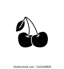 Black & white vector illustration of cherry with leaf. Flat icon of fresh berry. Vegan & vegetarian food. Health eating fruit ingredient. Isolated object on white background. 