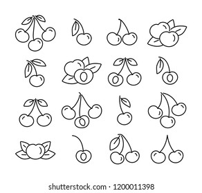Black & white vector illustration of cherry with stem & leaves. Line icon set of organic fresh berry. Vegan & vegetarian food. Health eating fruit ingredients. Isolated objects on white background. 