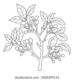 A black and white vector illustration of a cherry tree with fresh buds. The tree has a few branches with leaves. 