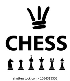 Black and white vector illustration of chess pieces, crown. The inscription Chess.