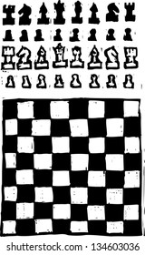 Black and white vector illustration of Chess Board and Pieces