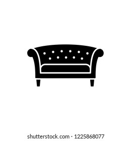 Black & white vector illustration of chesterfield sofa. Flat icon of settee. Vintage home & office furniture. Isolated object on white background