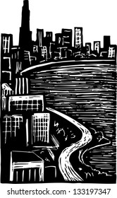 Black and white vector illustration of Chicago loop