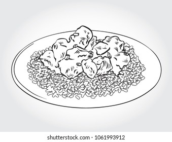 Black and white vector illustration of chicken tikka masala with rice on a plate.