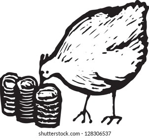 Black and white vector illustration of a chicken eating money