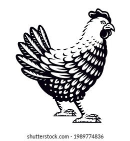 eine schwarz-weiße Vektorgrafik eines Huhn einzeln auf weißem Hintergrund