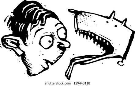 Black and white vector illustration of a child and a dog