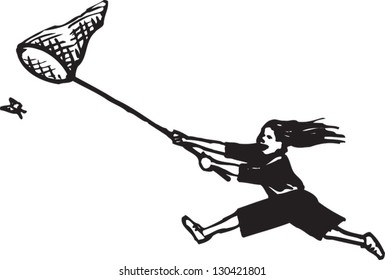 Black and white vector illustration of a child catching butterfly