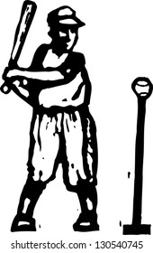 Black and white vector illustration of child playing baseball