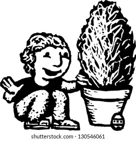 Black and white vector illustration of child looking for Easter eggs