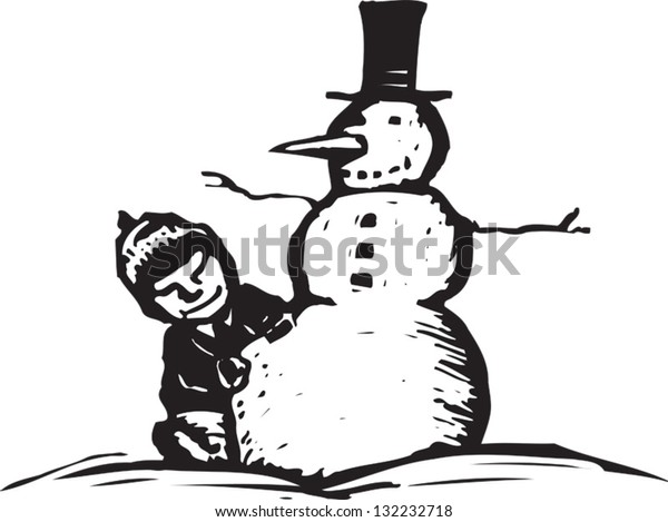 雪だるまを作る子どもの白黒のベクターイラスト のベクター画像素材 ロイヤリティフリー