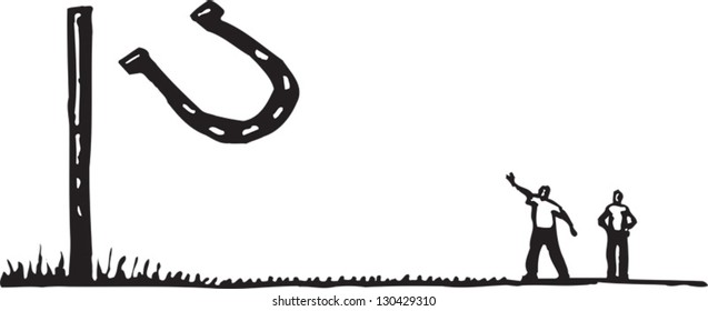 Black and white vector illustration of children playing with a horseshoe