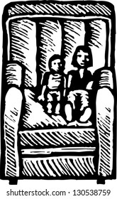 Black and white vector illustration of children sitting on chair