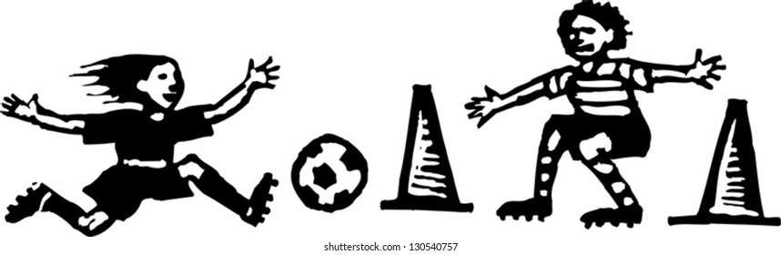 Black and white vector illustration of children playing soccer