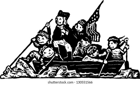 Black and white vector illustration of children playing crossing the Delaware