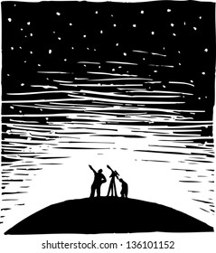 Black and white vector illustration of children looking at the sky