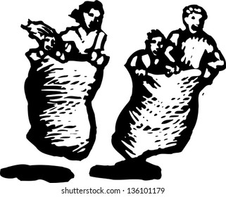 Black and white vector illustration of children playing