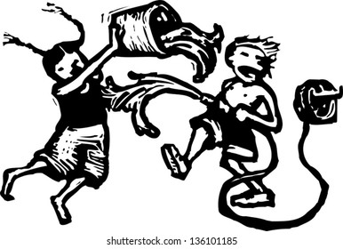Black and white vector illustration of children playing with water