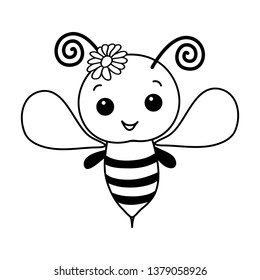 Black and white vector illustration for children. Bee with flower