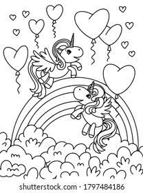 Black and white vector illustration for children's coloring book. Unicorns in the clouds