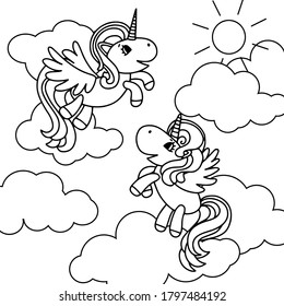 Black and white vector illustration for children's coloring book. Unicorns in the clouds
