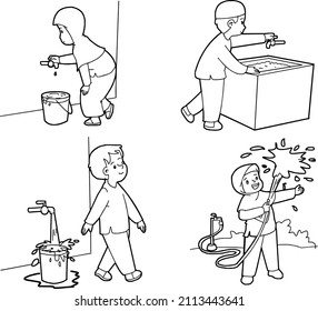 black and white vector illustration of children's activities (Muslim)