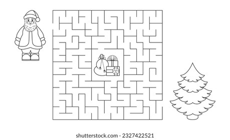Black and white vector illustration. Children's educational game finding the right way. Christmas maze is a puzzle. Coloring book. Children s Help Santa Claus find the way to the gifts.