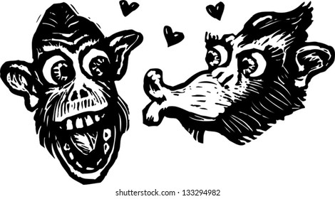 Black and white vector illustration of chimps in love