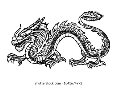 Eine schwarz-weiße Vektorgrafik eines chinesischen Drachen einzeln auf weißem Hintergrund.