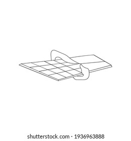 A black and white vector illustration of a chocolate bar in the opened packaging isolated on white background. A design element for prints, as a coloring page for adults and kids.