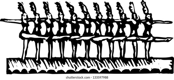 Black And White Vector Illustration Of Chorus Line Of Dancers