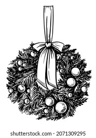 Black and white vector illustration of Christmas wreath made of fir branches with toys and bow in outline style with no background.