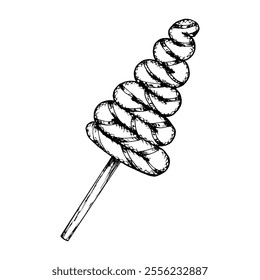 Black and white vector illustration of a Christmas tree shaped spiral lollipop on a stick. Hand drawn sketchy style, perfect for holiday designs, sweet-themed projects, packaging and coloring pages