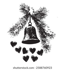 black and white vector illustration of a Christmas bell hanging from pine branches, surrounded by small hearts. A vintage festive design perfect for holiday cards, decorations, and prints.