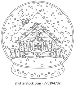 Ilustración vectorial en blanco y negro de una bola de cristal de Navidades con una Pequeña casa de troncos cubierta de nieve y nieve que cae dentro