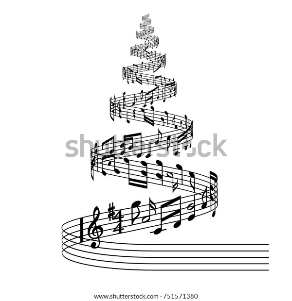 流れる楽譜とランダムな音符で構成されたクリスマスツリーの白黒の
